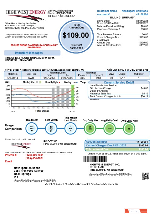 USA Wyoming High West Energy business utility bill in Word and PDF formats, version 2
